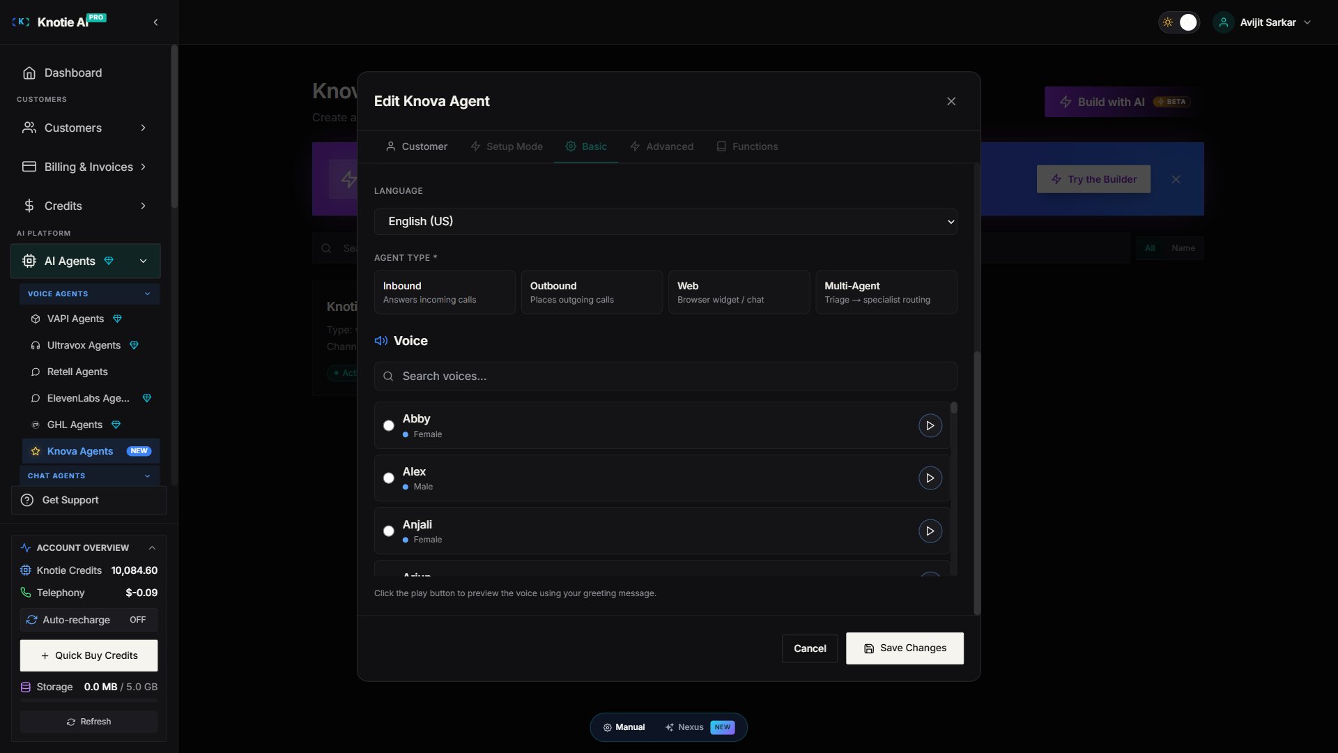 Knova Edit Agent modal — Basic tab Voice section with a search box and voice list (Abby Female, Alex Male, Anjali Female) each with a coloured dot indicator and a play preview button. First TTS bank voices have blue dots; second TTS bank voices have purple dots.
