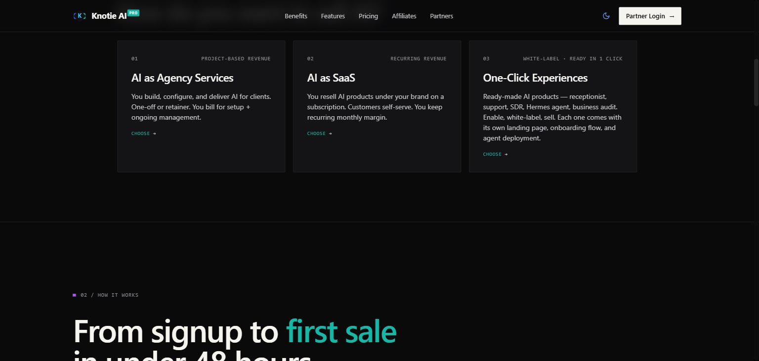 Knotie AI Pro landing page — "How do you want to sell AI?" decision tree section showing the three top-level paths: 01 Project-based revenue (AI as Agency Services), 02 Recurring revenue (AI as SaaS), 03 White-label · ready in 1 click (One-Click Experiences)