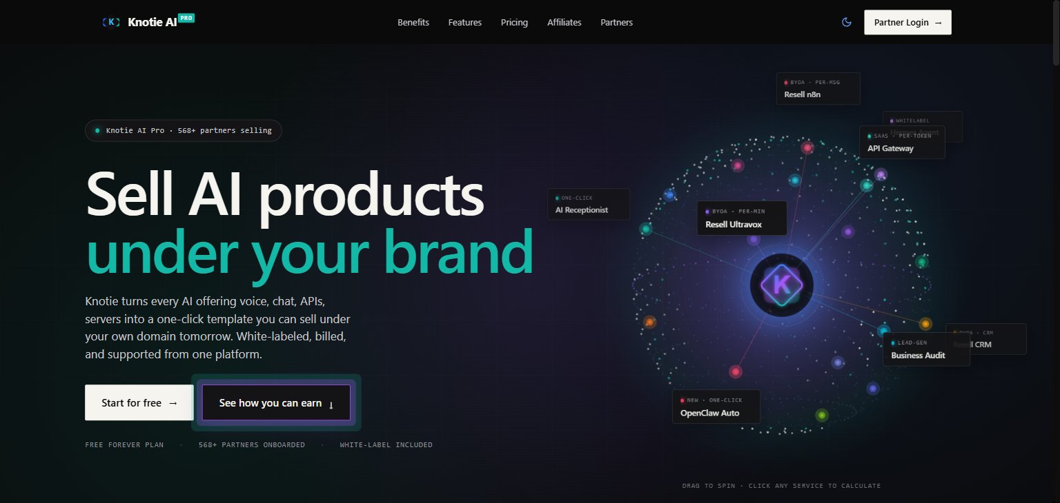 Knotie AI Pro landing page globe — rotating earth with service tiles (Voice AI, AI Receptionist, Chat AI, Hermes Agent, API Gateway, Business Audit, CRM SaaS, VPS Resell, AI Support) pinned to geographic locations