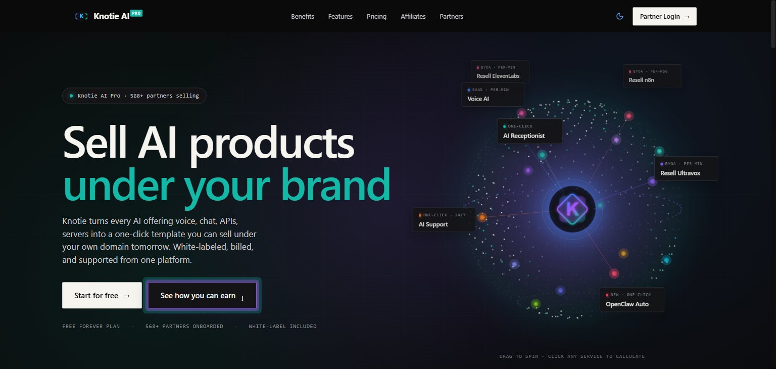 Knotie AI Pro landing page hero — live partner count in eyebrow ("Knotie AI Pro · X+ partners selling") and trust bar below the CTA buttons