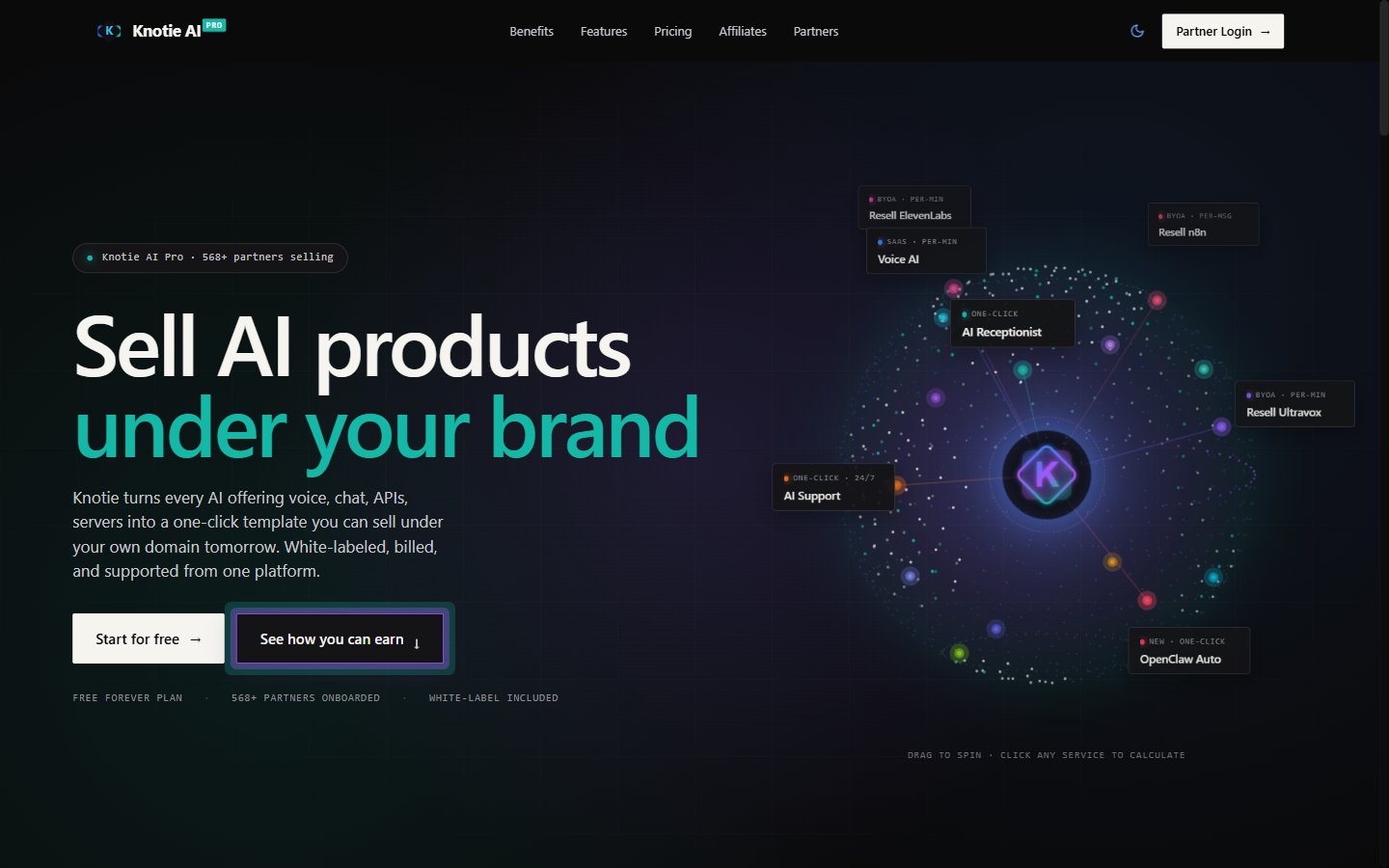 Knotie AI Pro landing page hero — split layout with headline on the left and the spinning globe on the right