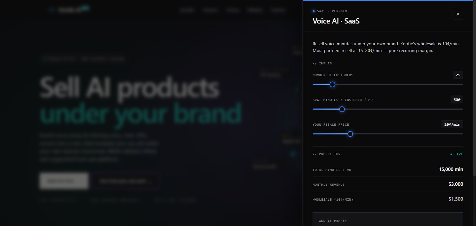 Knotie AI Pro landing page — Service Drawer open on the Voice AI tile showing customer count, minutes, resale price sliders, and computed monthly revenue, wholesale cost, and annual profit