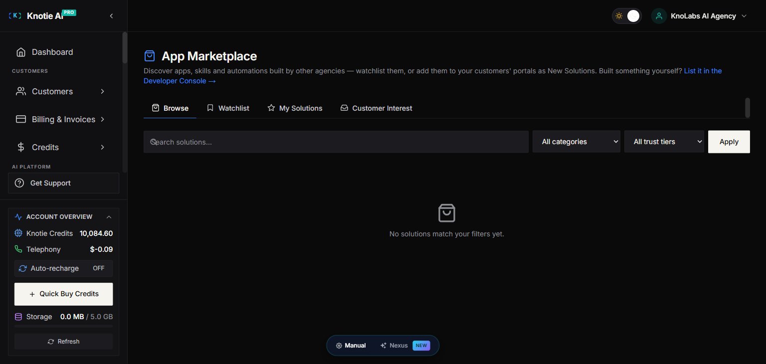 App Marketplace — Browse tab with search, category and trust-tier filters, Browse / Watchlist / My Solutions / Customer Interest tabs, and a New Solutions tile.