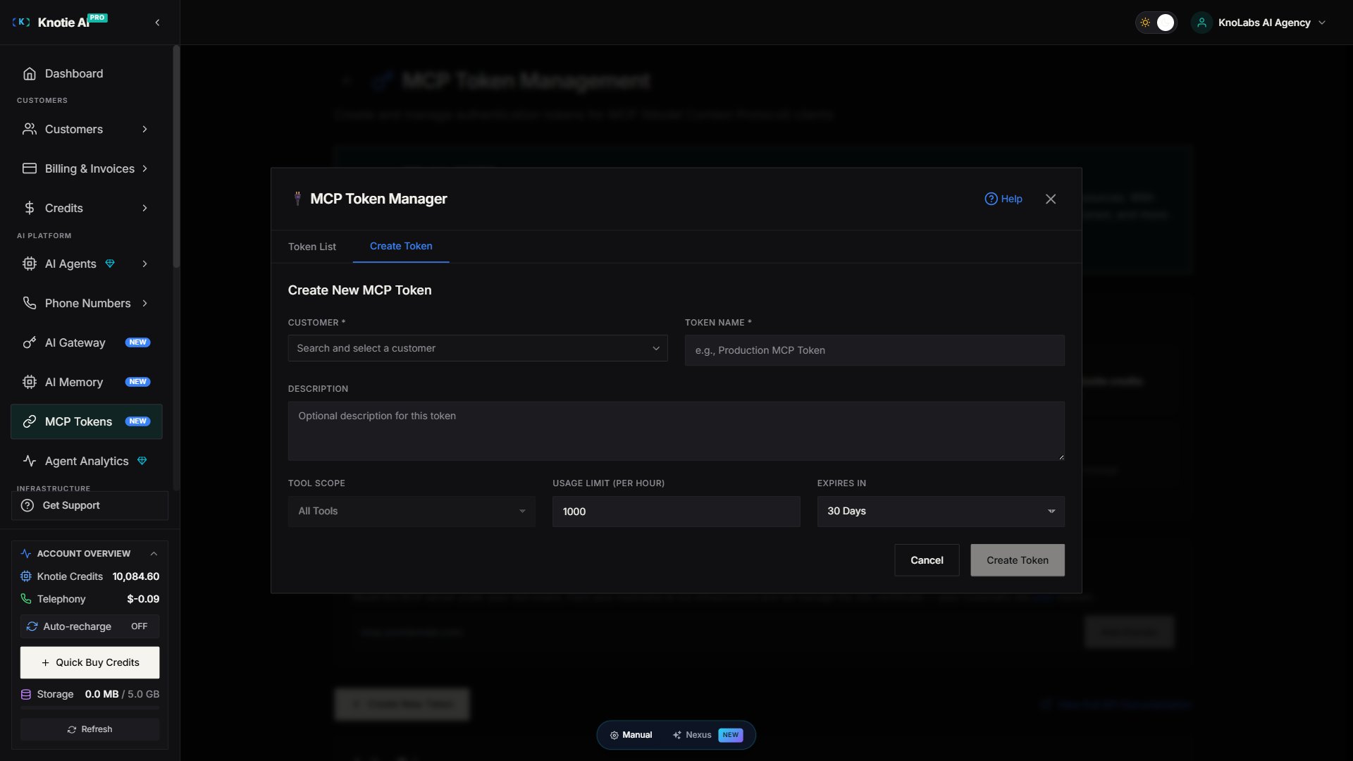 Create Token modal in AI Agents → MCP Tokens