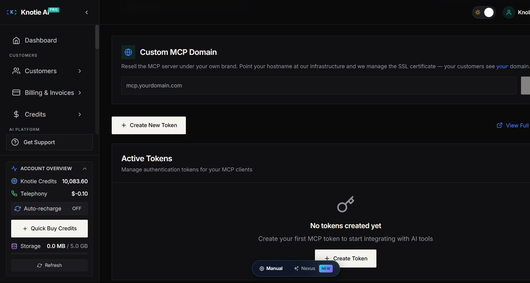 MCP Token Management page showing the Active Tokens section and Create New Token button