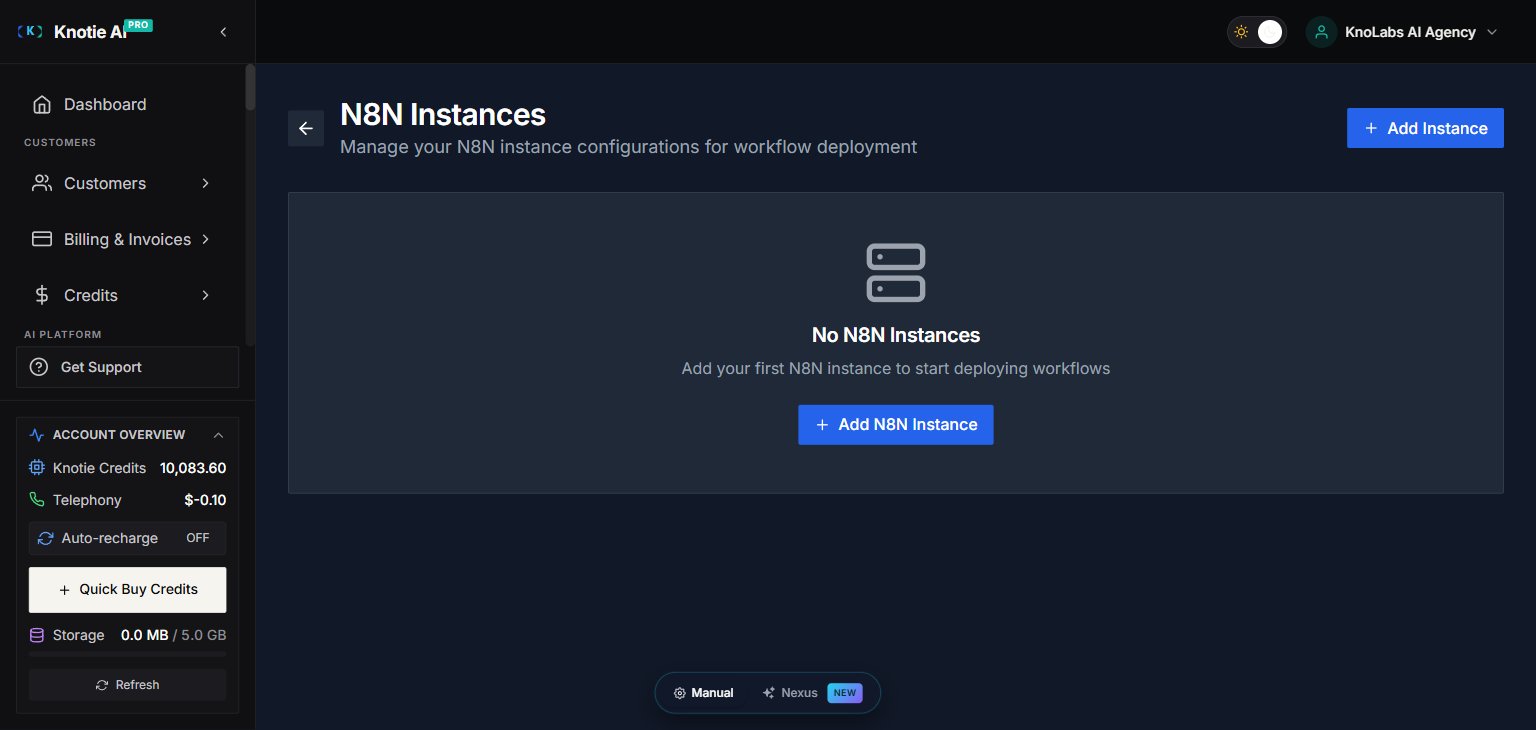 N8N Instances management page with an Add Instance button and the empty state prompting you to add your first N8N instance to start deploying workflows