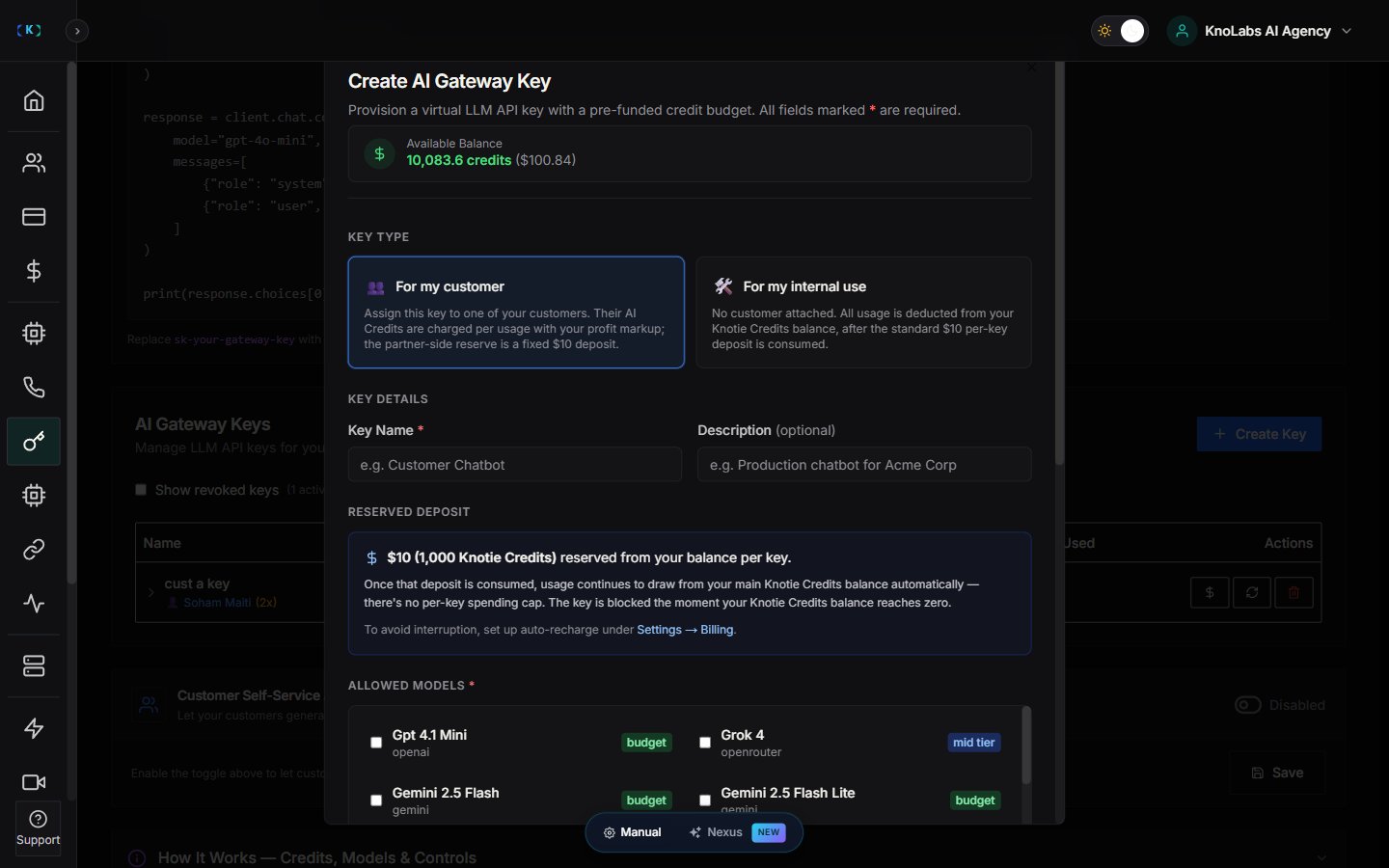 Partner AI Gateway create key modal