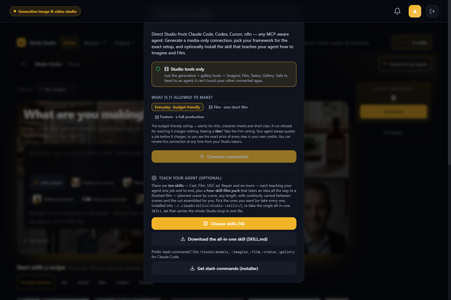 Media Studio agent connection with production limits and optional skills