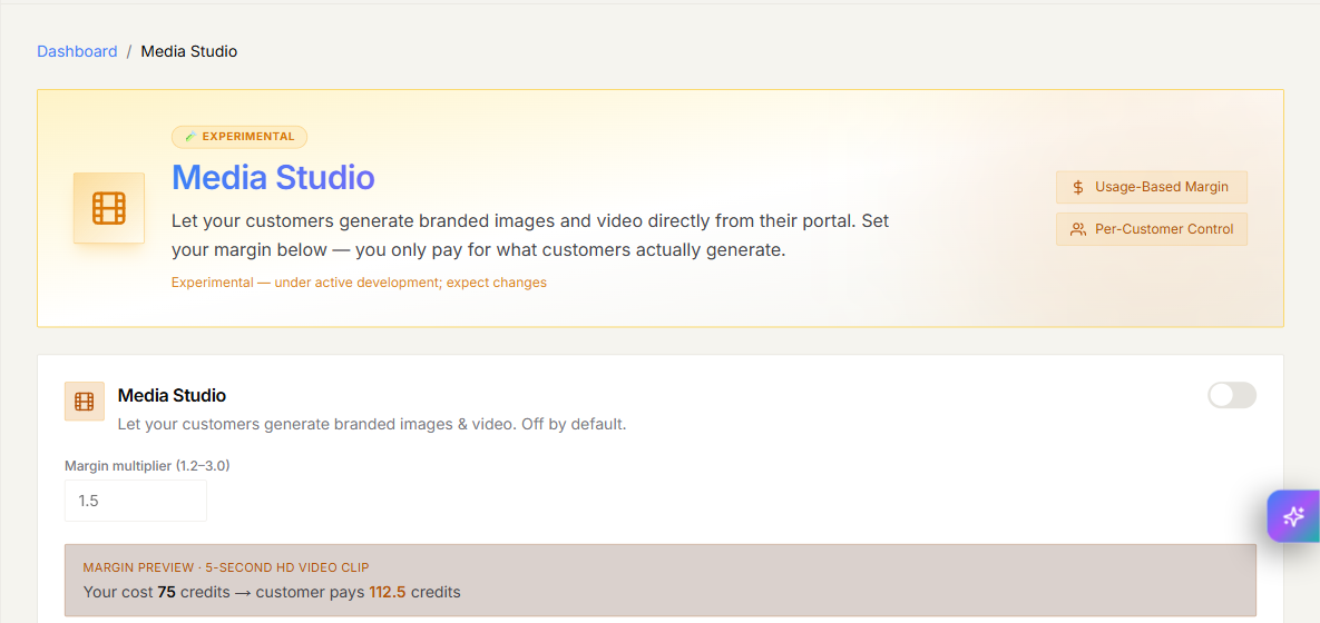 Media Studio settings page showing its Experimental label and customer-facing purpose