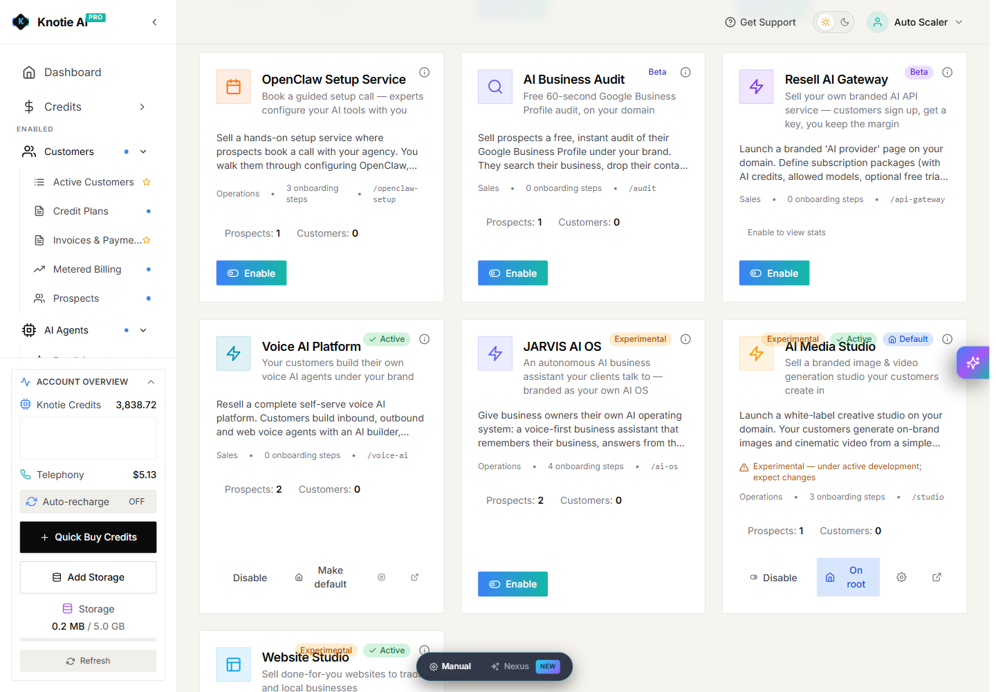 Production experience catalog showing Voice AI Platform, AI Media Studio, Website Studio, and the current default experience
