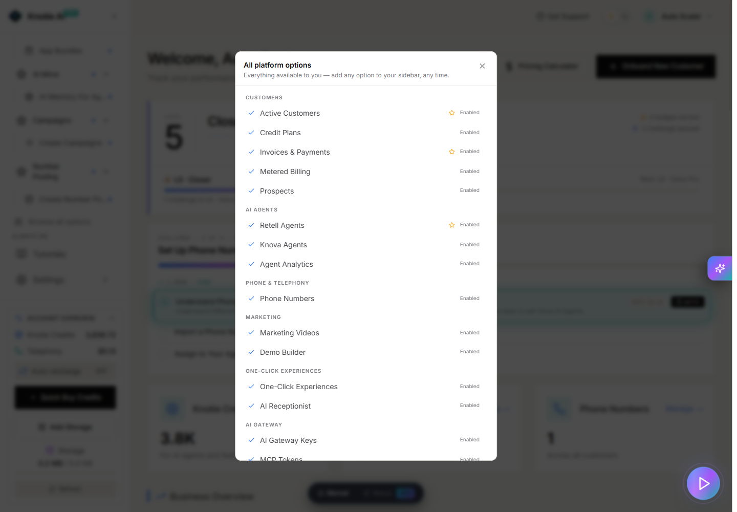 All platform options grouped by area in the production Partner Portal