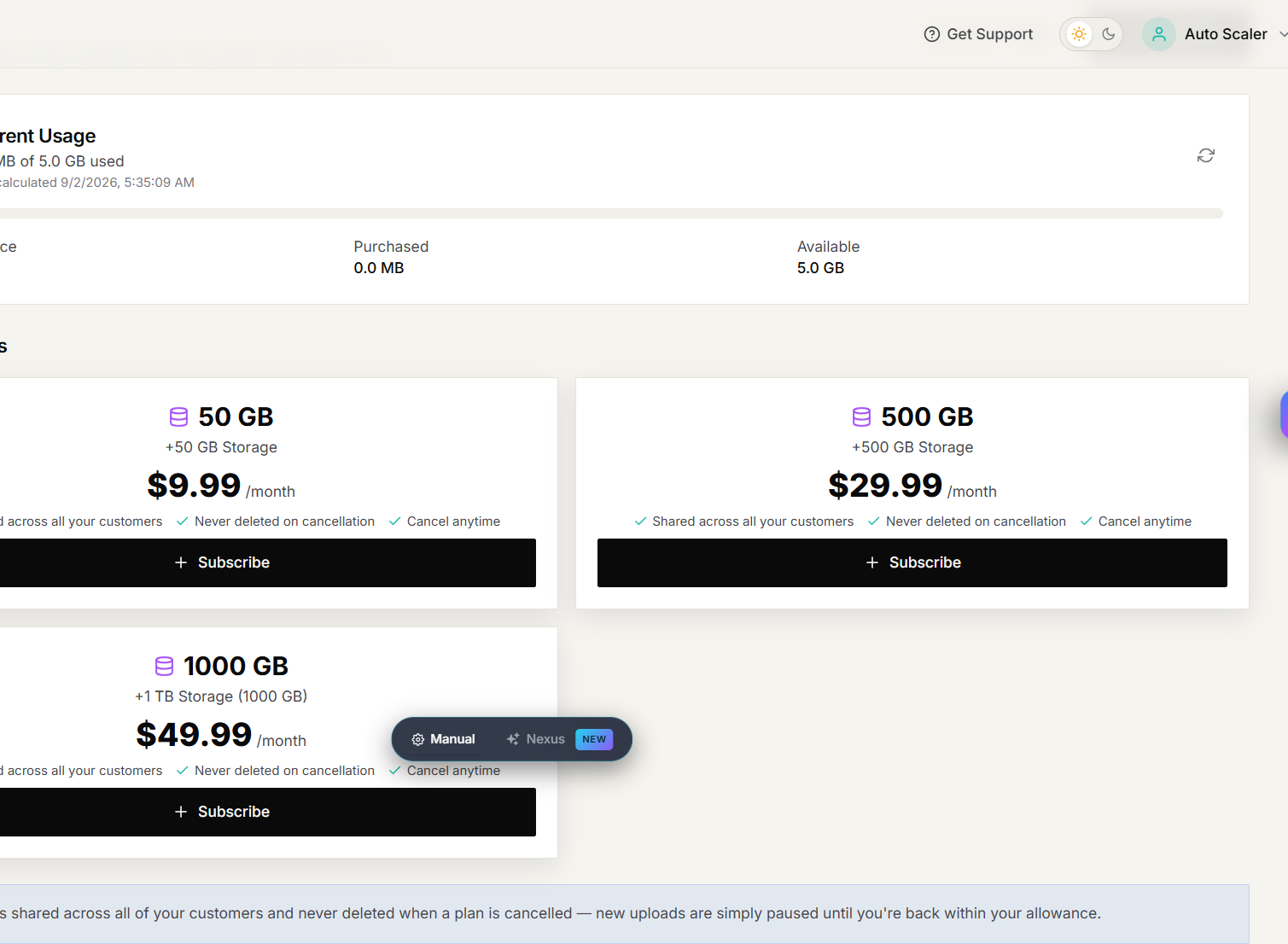 Storage page with current usage and available plans