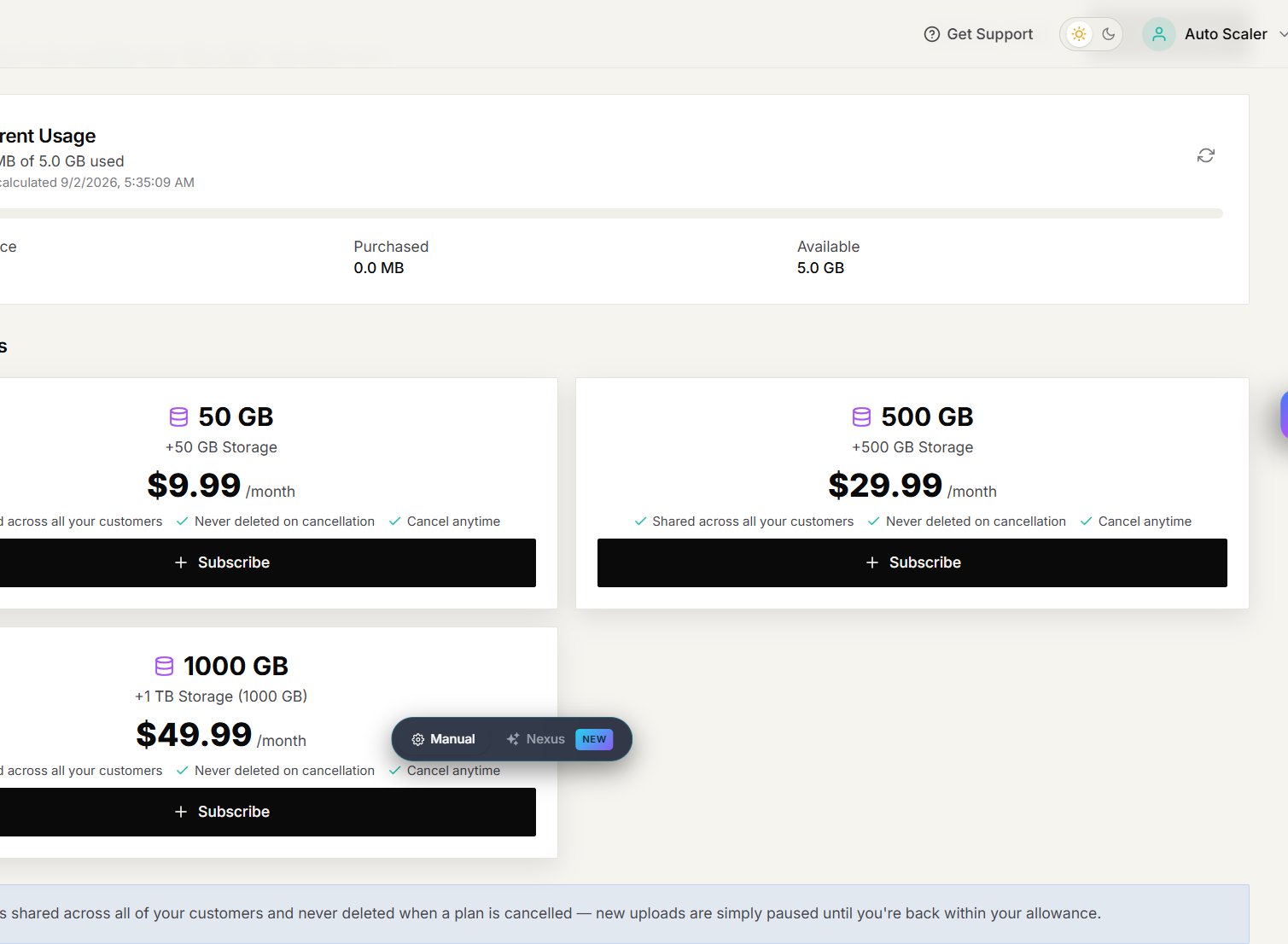 Storage page with current usage and available plans