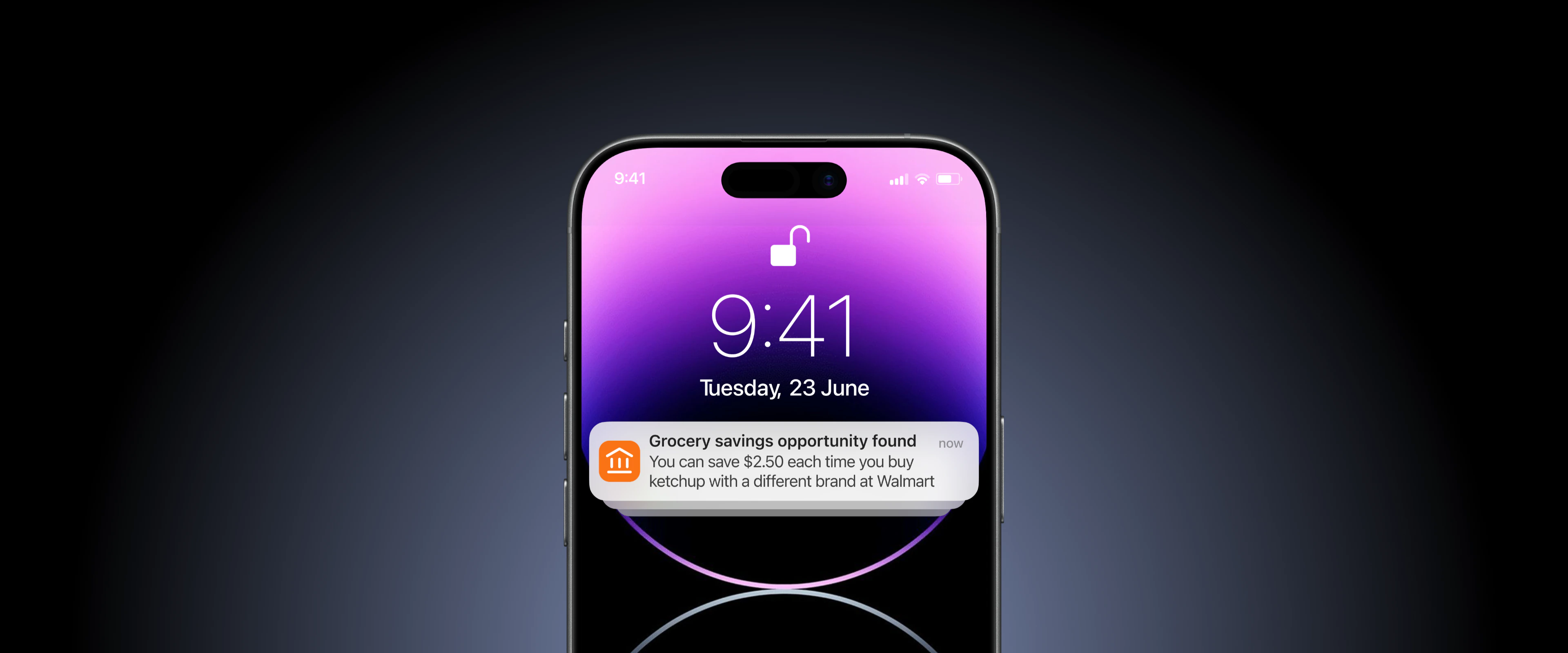 iPhone lock screen showing a push notification: Grocery savings opportunity found — You can save $2.50 each time you buy ketchup with a different brand at Walmart