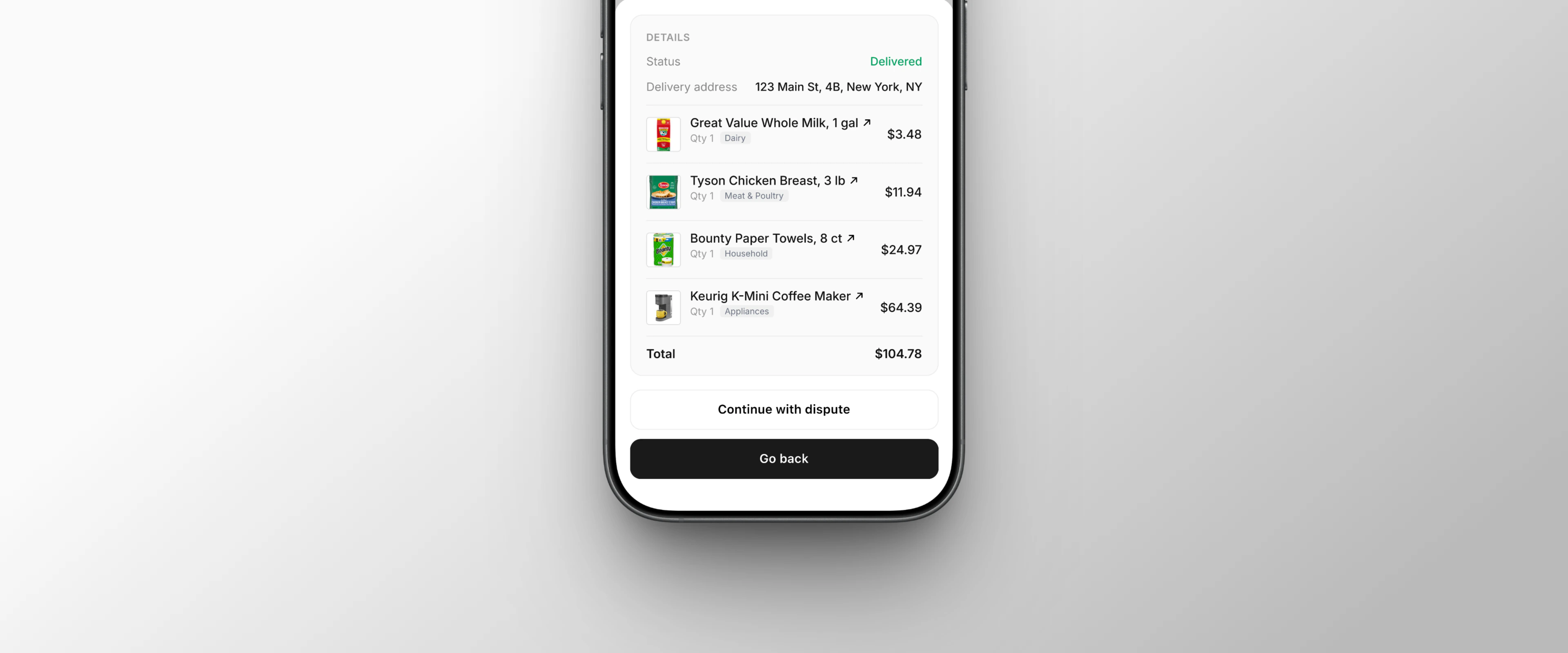 Dispute deflection screen on an iPhone showing a $104.78 Target order with delivery status, address, and itemized products including milk, chicken, paper towels, and a coffee maker, with options to continue with dispute or go back