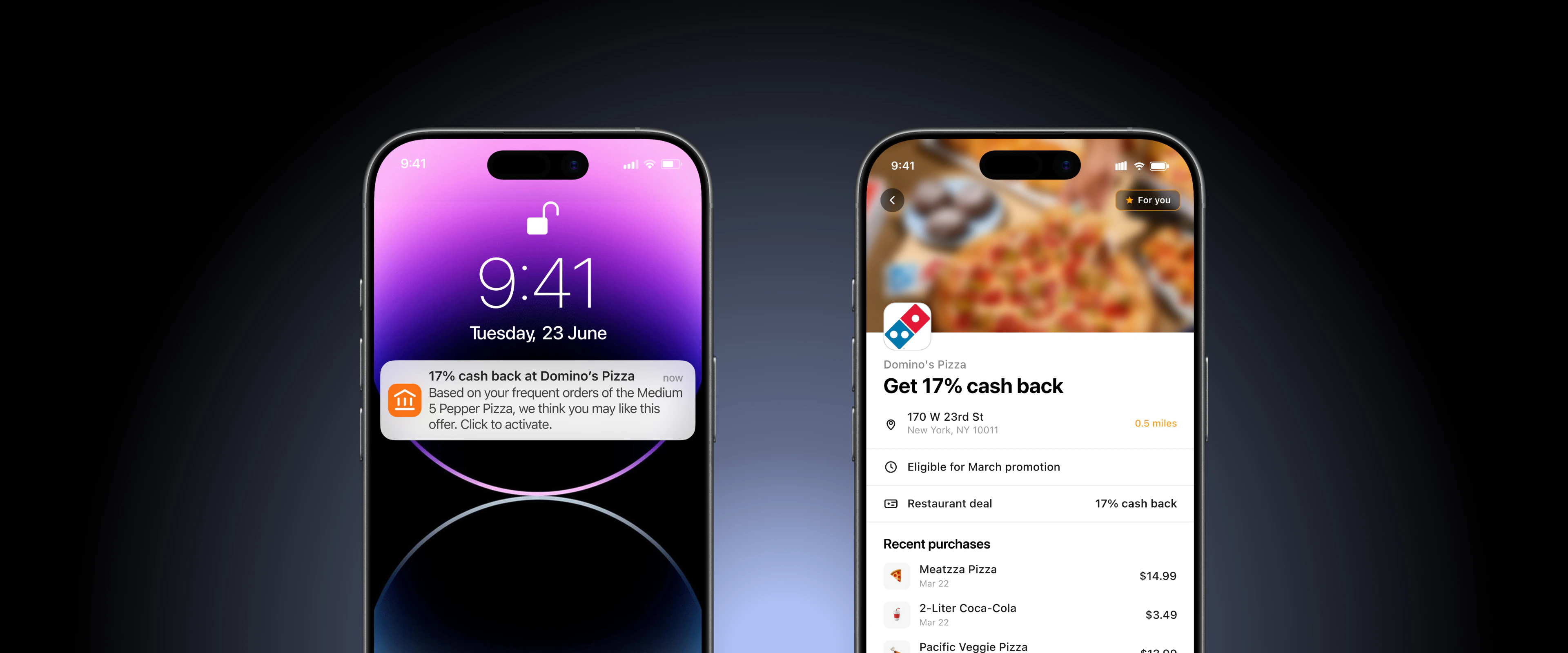 In-app deal card showing a personalized cashback offer at a restaurant the user has ordered from recently, with recent menu items listed