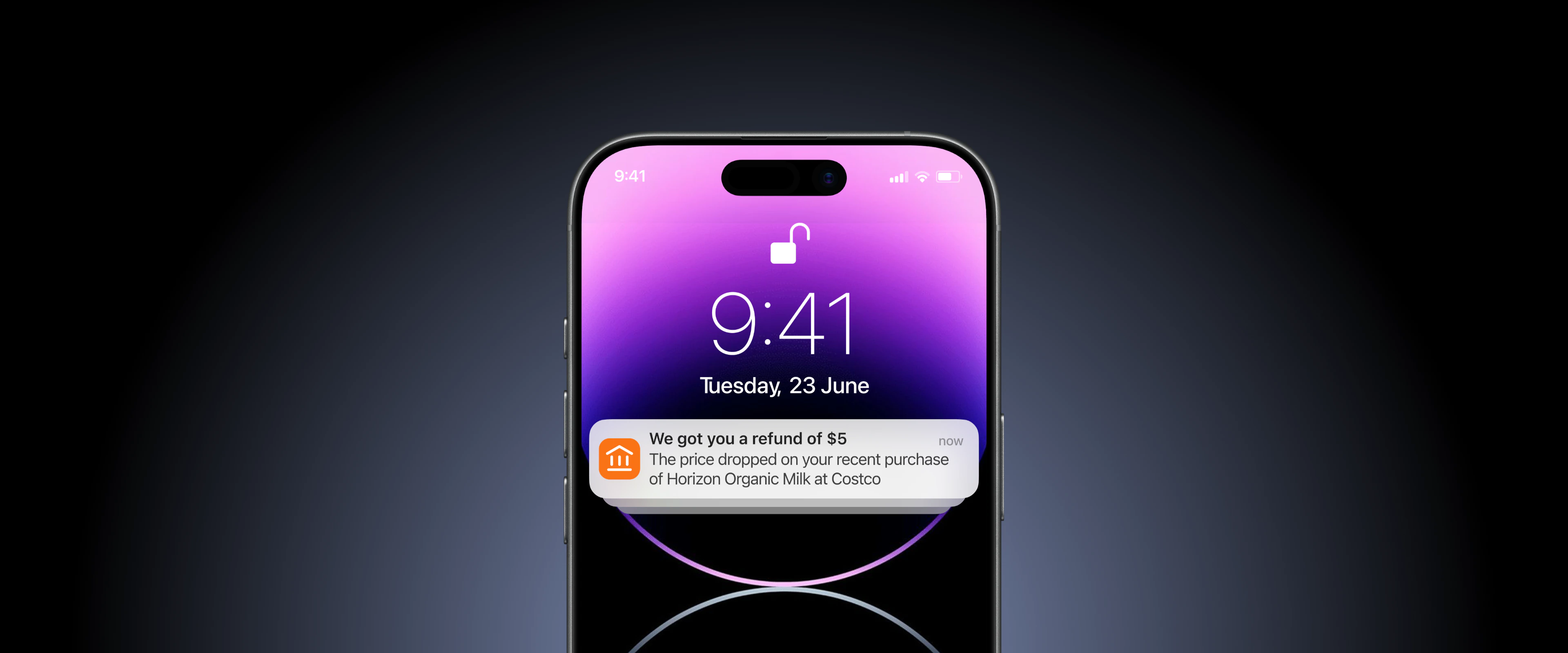 Push notification alerting a user that a product they purchased recently has dropped in price, with the savings amount and a prompt to claim the refund