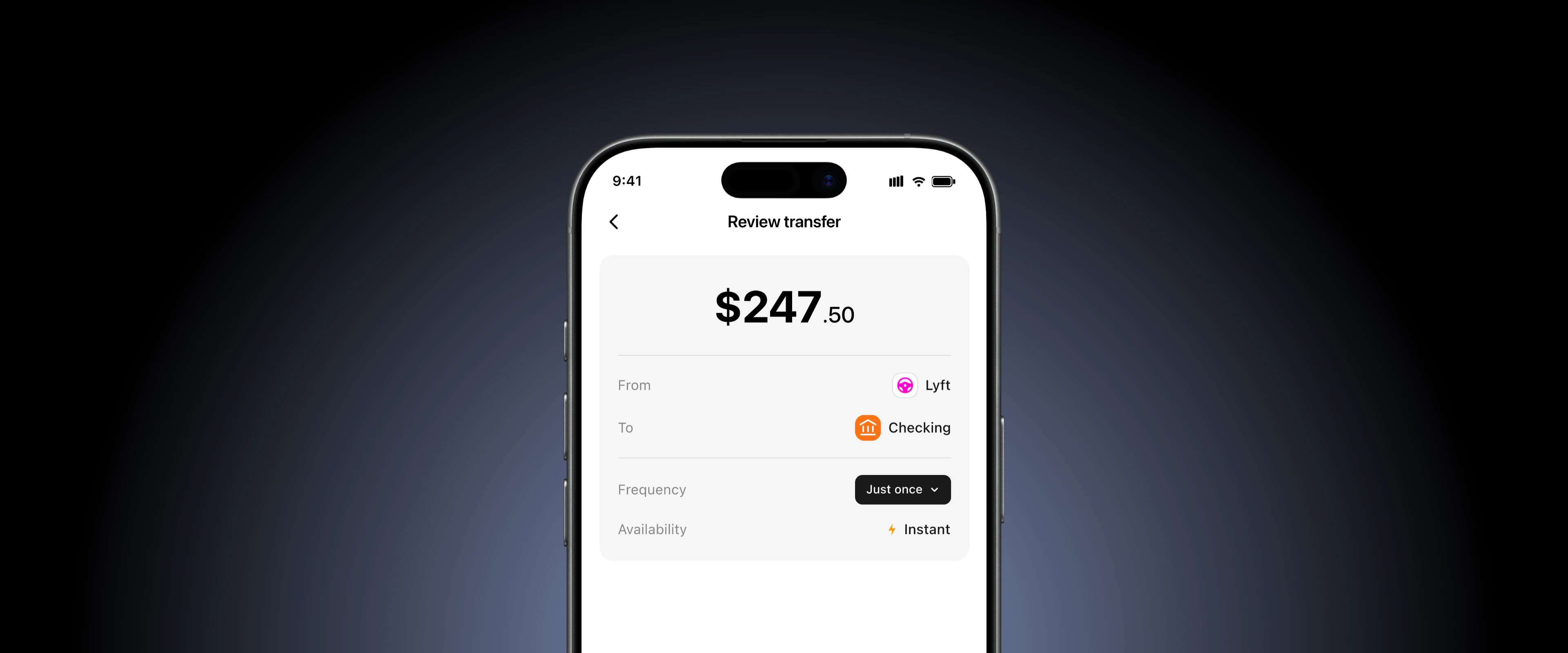 Banking app screen showing a gig platform wallet balance with options to transfer earnings to the user's bank account