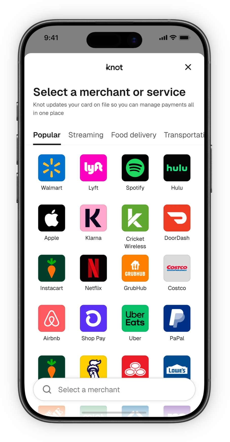 The Knot SDK showing a list of merchants to choose from