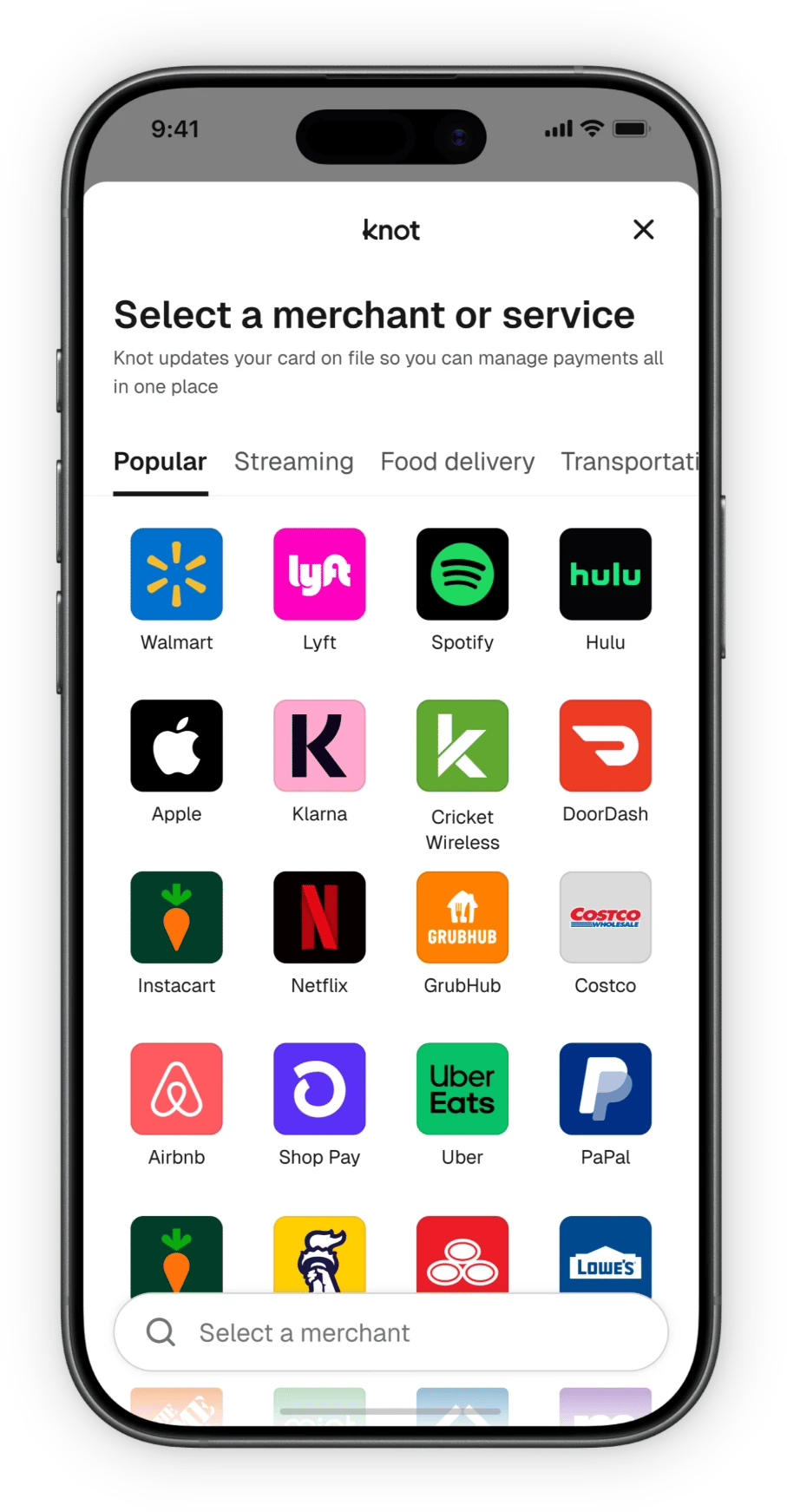 The Knot SDK showing a list of merchants to choose from
