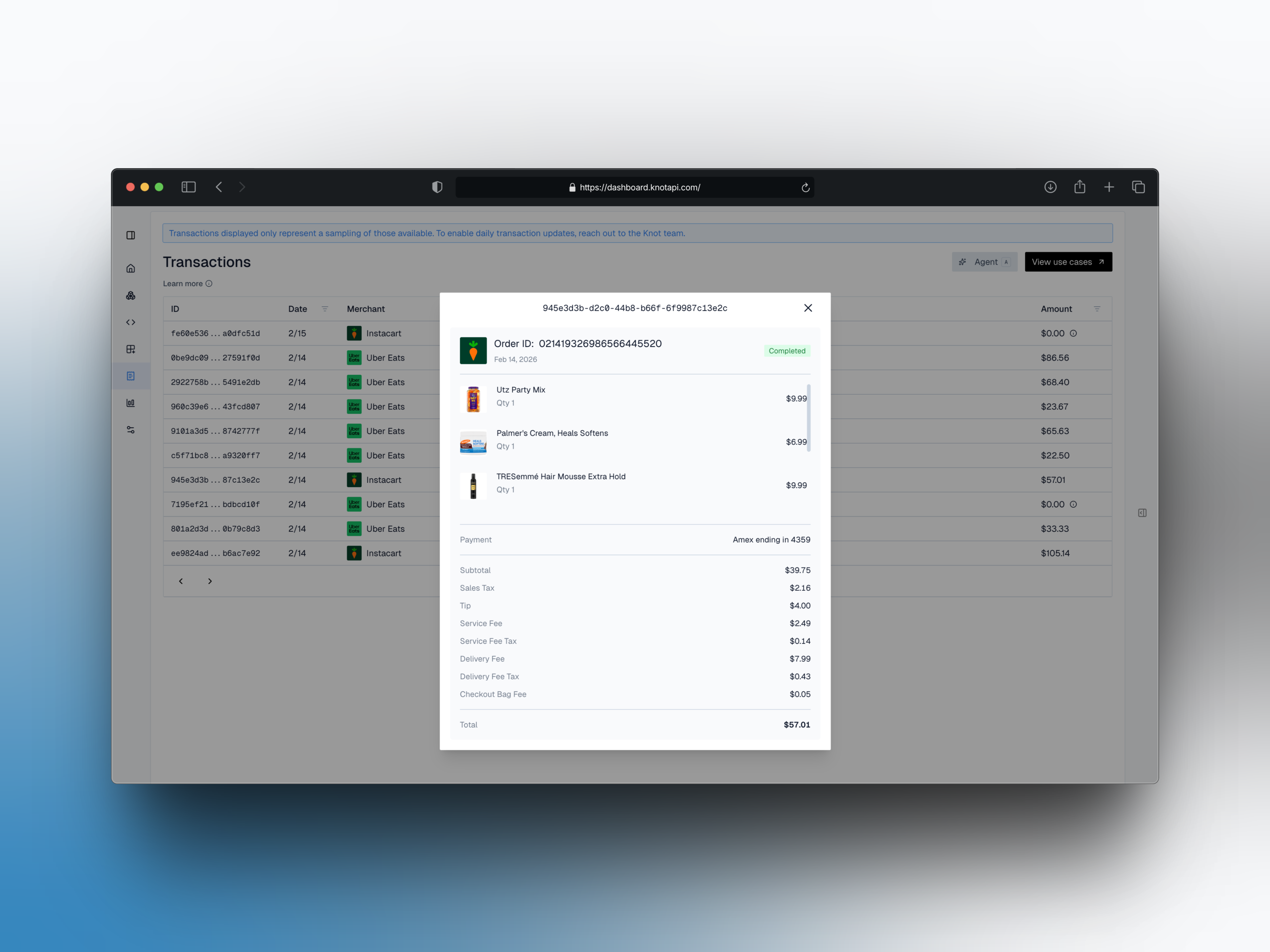 Dashboard showing SKU-level transaction data with itemized order details
