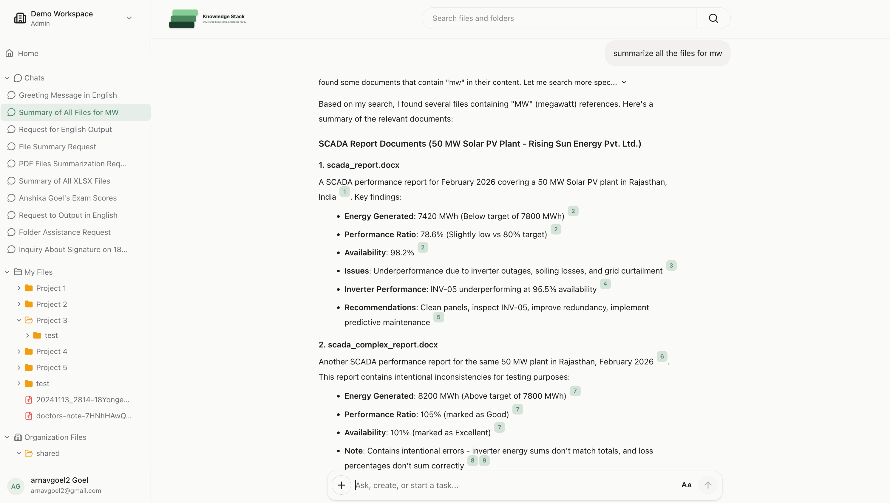Knowledge Stack workspace home with chat history, file tree, and search