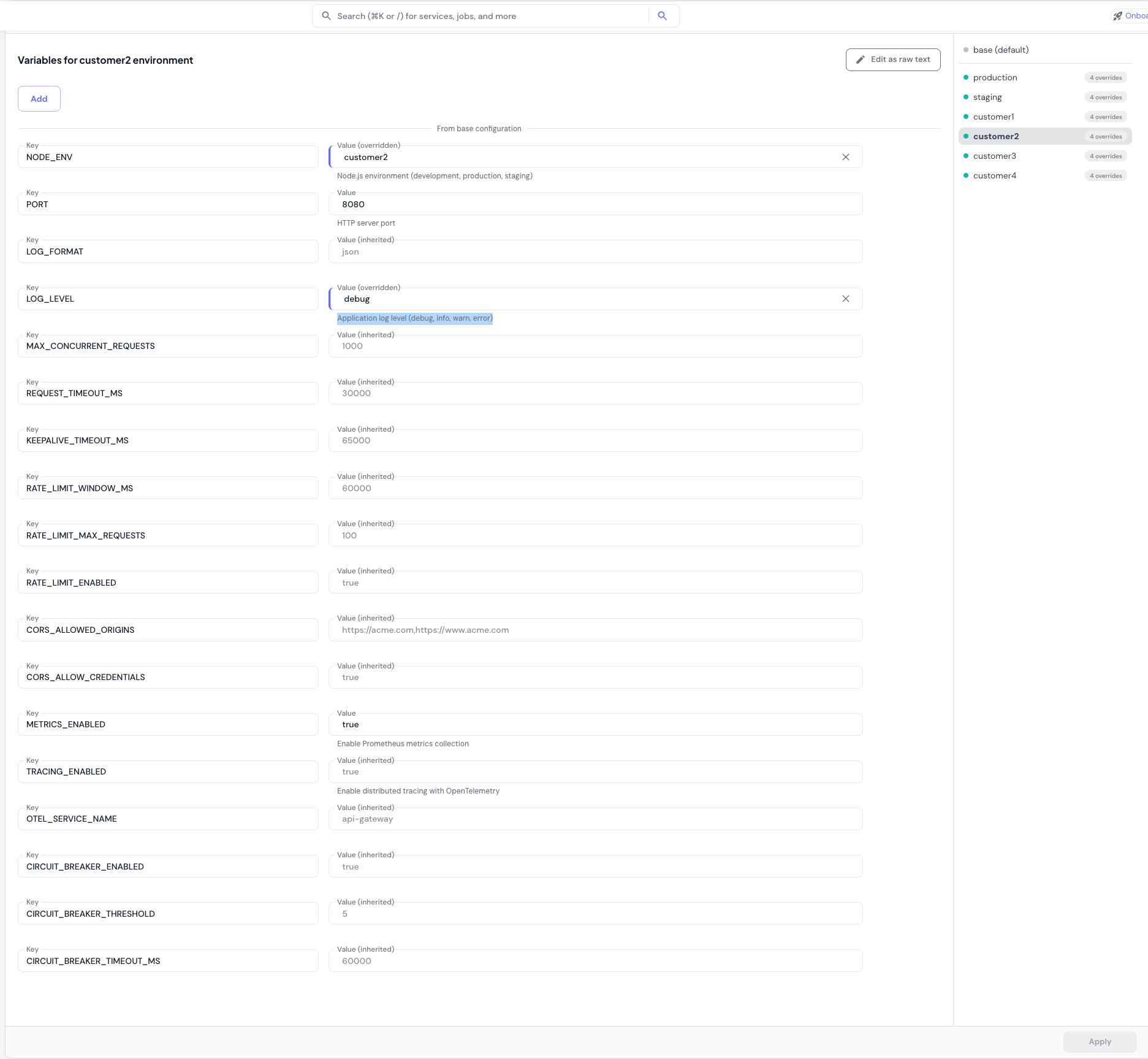 Production environment showing environment-specific variables and inherited base variables