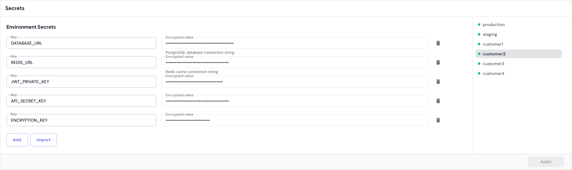 Environment Variables & Secrets tab showing base configuration and environment overrides