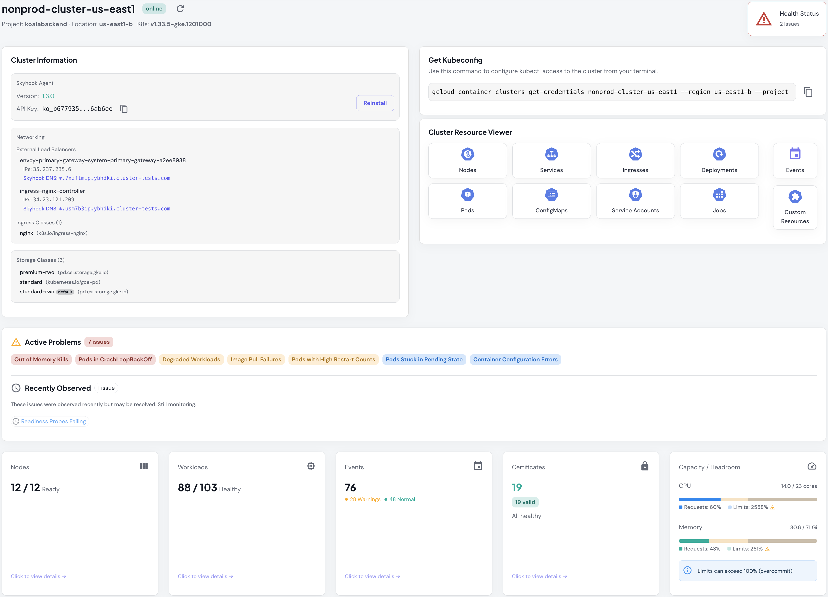 Cluster view dashboard with health status and active problems