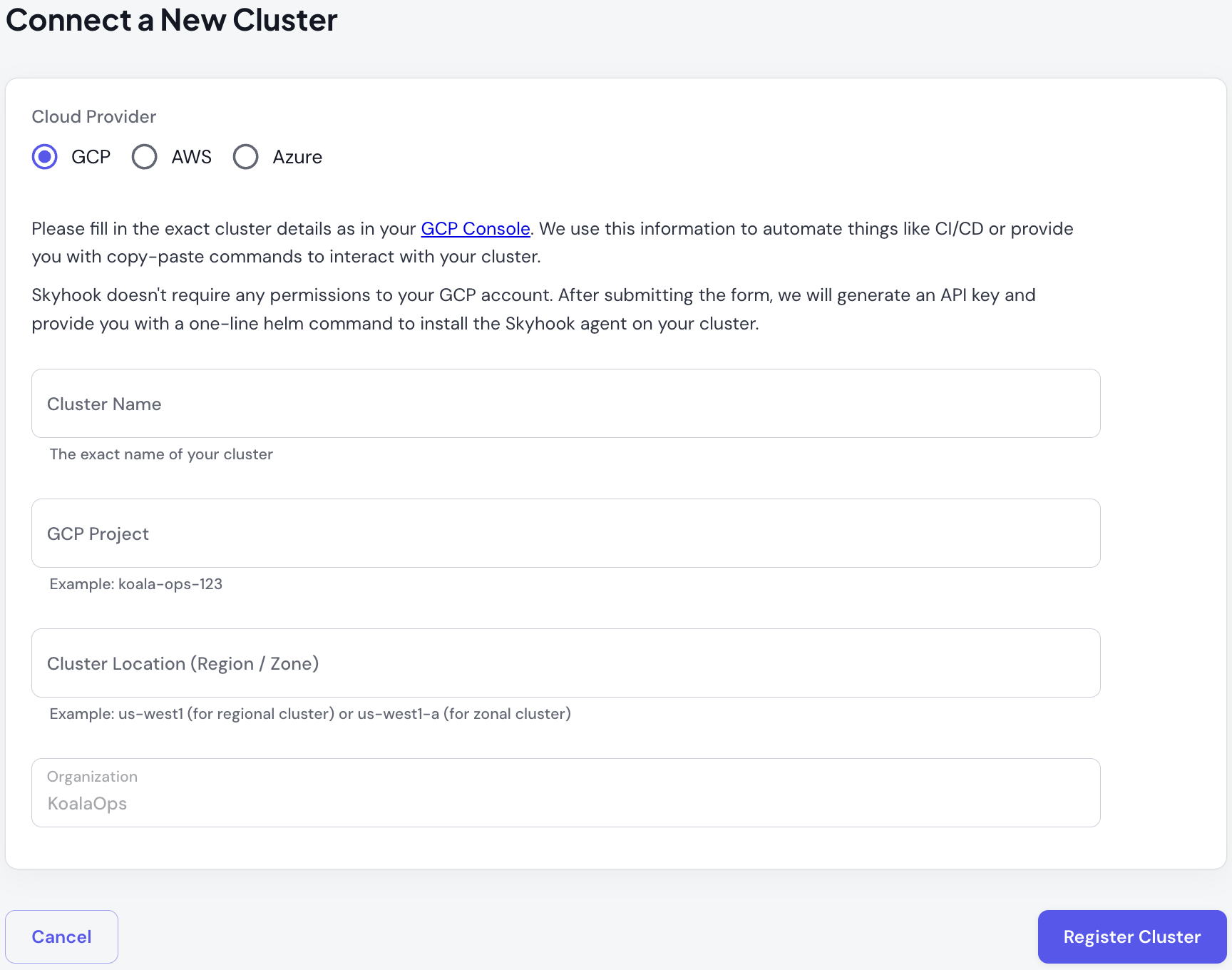 Connect cluster form