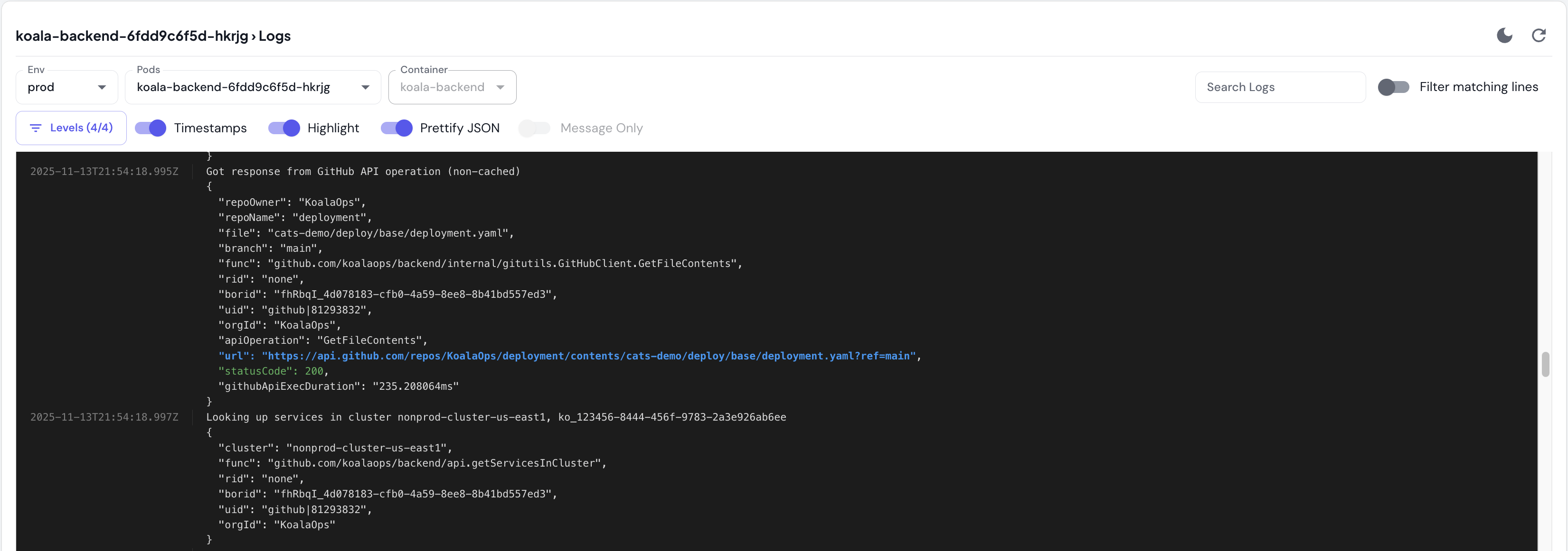 Pod logs viewer with JSON prettification and filters