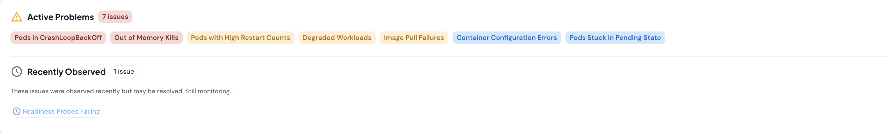 Active problems panel with color-coded severity chips