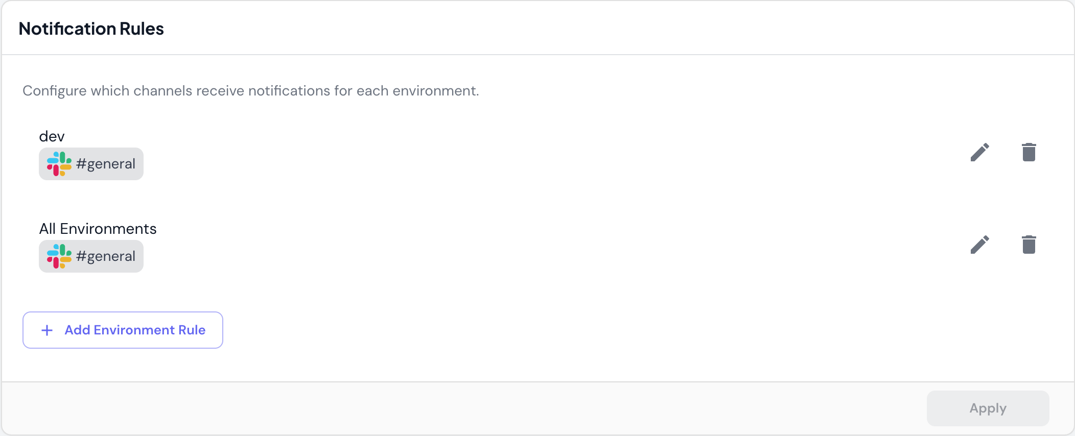 Notification rules showing environment-based routing to Slack channels