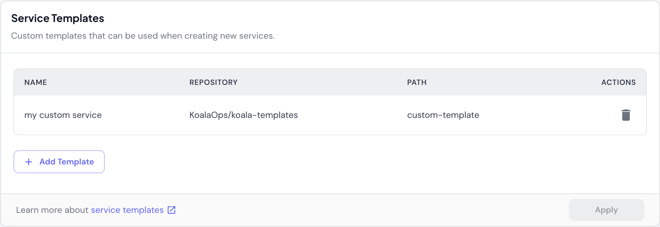Service templates table showing custom templates for creating new services