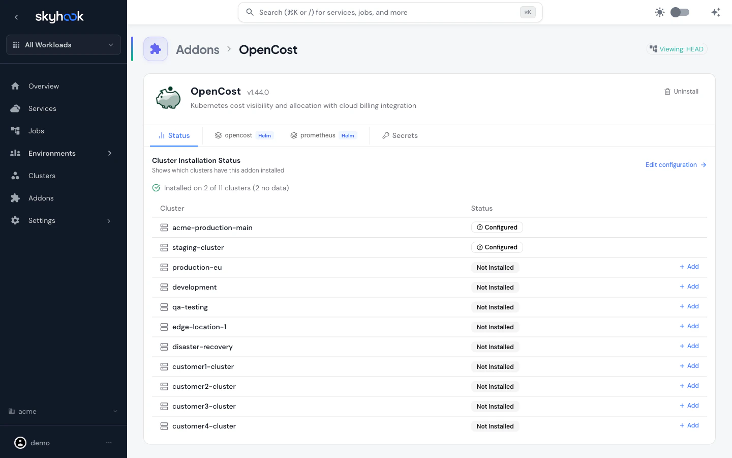 OpenCost addon page showing cluster installation status across 11 clusters, with Configured status on two clusters and Add buttons on the rest