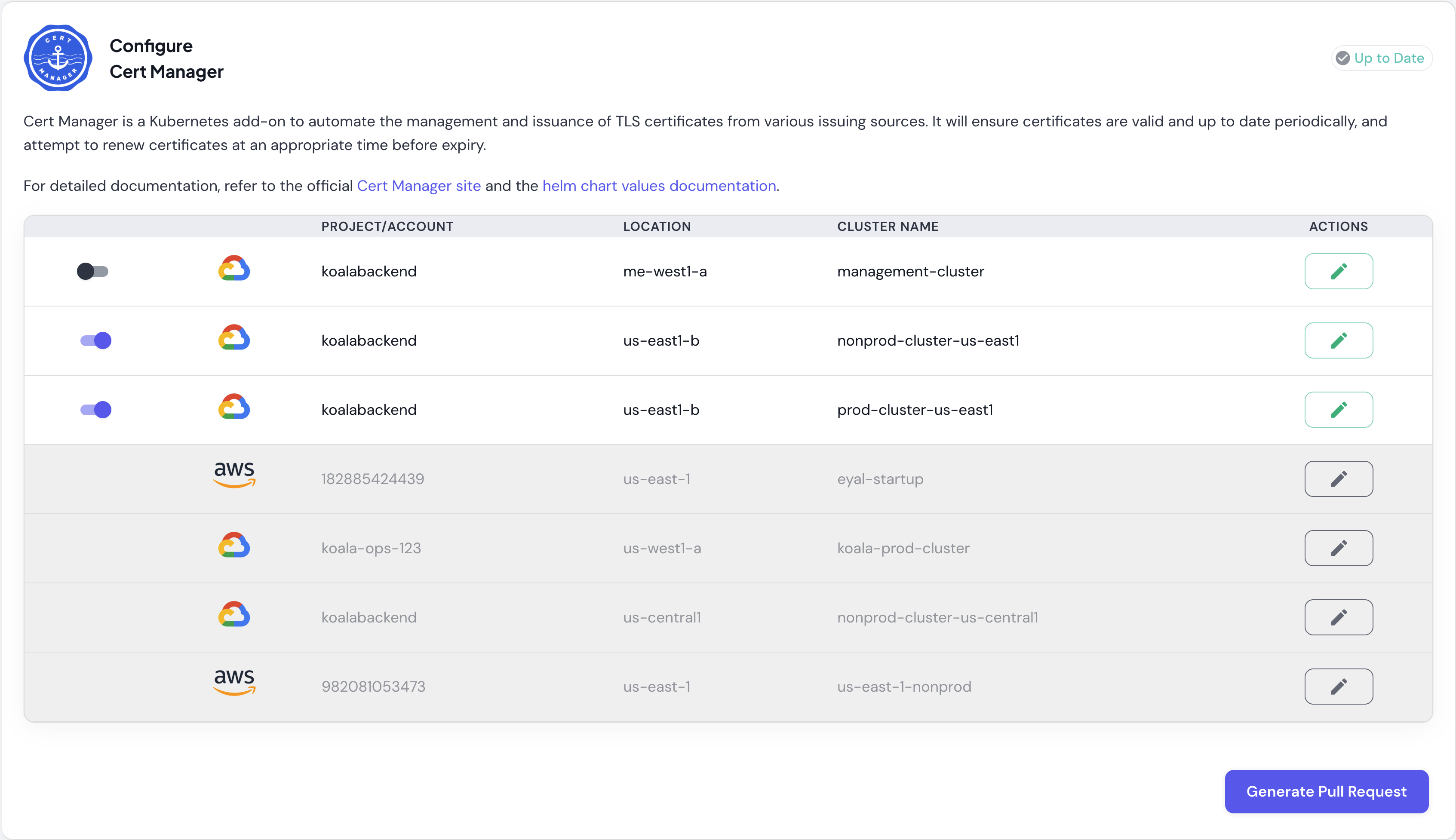 Cert Manager addon configuration showing per-cluster selection