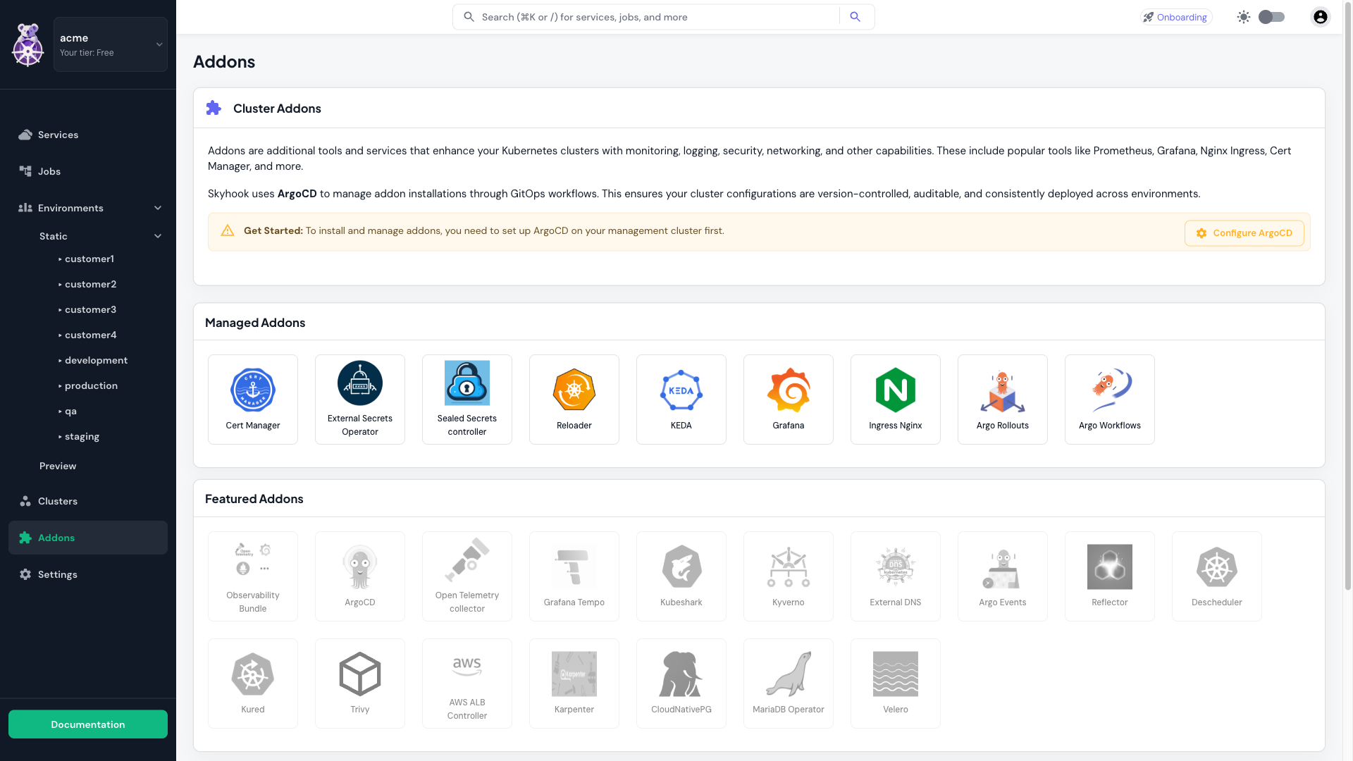 Addons catalog showing managed, featured, and discoverable addons