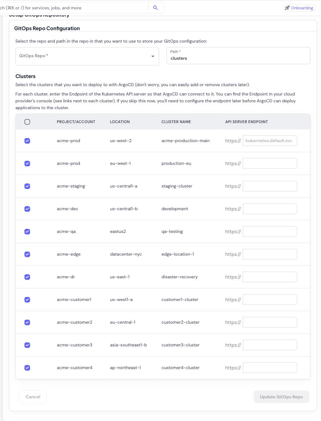 GitOps repository configuration with cluster selection