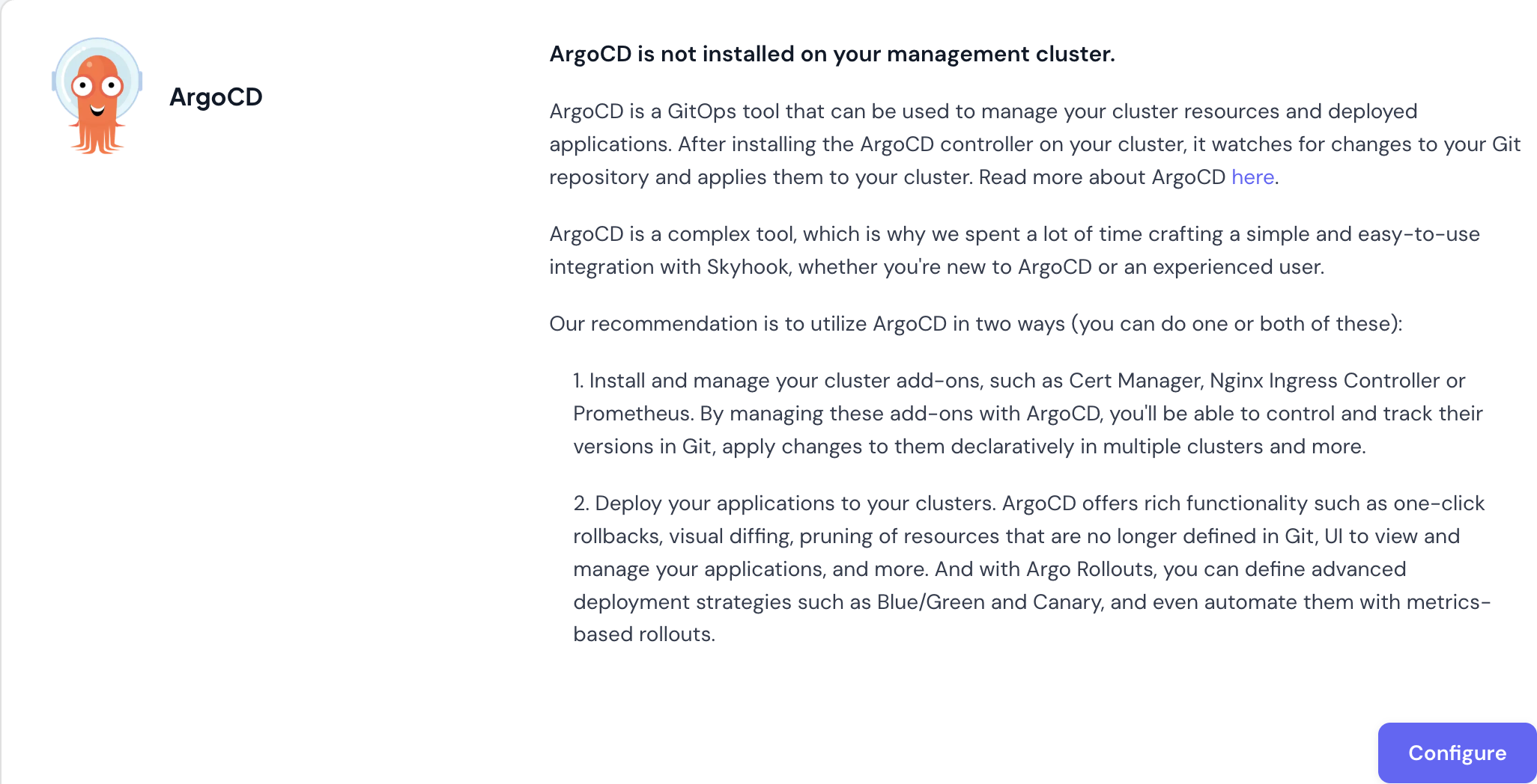GitOps settings page before ArgoCD installation