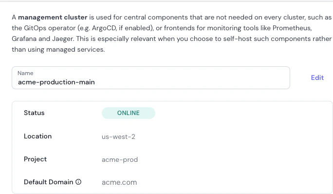 Management cluster configuration showing cluster details