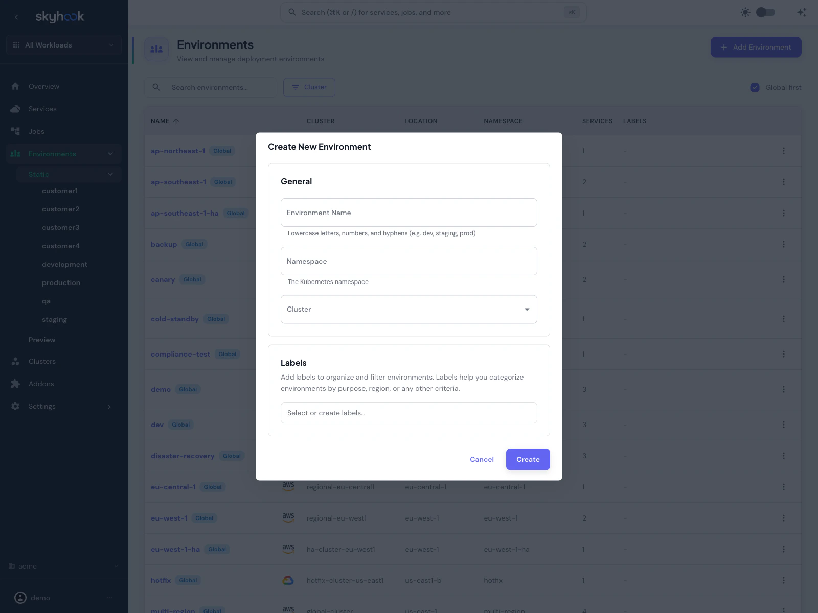 Create New Environment dialog showing General section with Environment Name (helper text 'Lowercase letters, numbers, and hyphens'), Namespace, Cluster dropdown, and a Labels section with 'Select or create labels' input