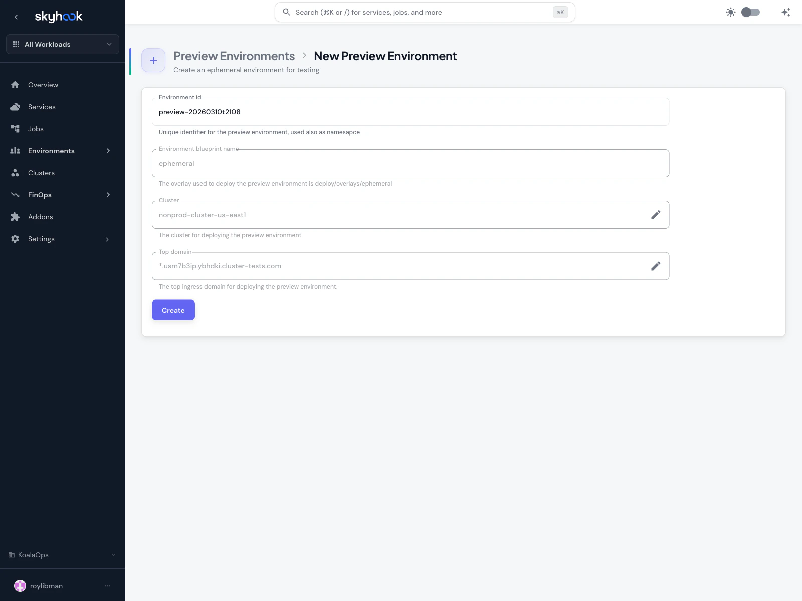 New Preview Environment form showing Environment id field pre-filled with a timestamp (preview-20260305t1258), Environment blueprint name, Cluster, and Top domain fields with a Create button