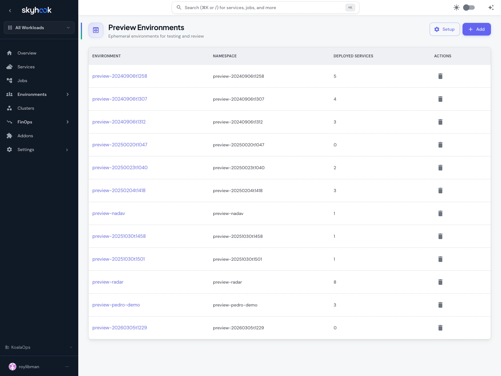 Preview Environments list page showing a table of 12 ephemeral environments (preview-20240906t1258, preview-radar, preview-pedro-demo, etc.) with Environment, Namespace, Deployed Services, and Actions columns, and a Setup + Add button in the top-right