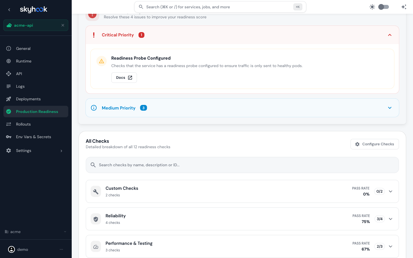 All Checks section showing category groups - Custom Checks, Reliability, Performance & Testing, Best Practices, Security - each with a pass rate percentage