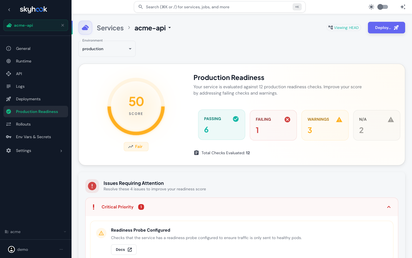 Service production readiness tab showing 50% score, Passing 6, Failing 1, Warnings 3, N/A 2 counts, and the Issues Requiring Attention section with critical and medium priority items