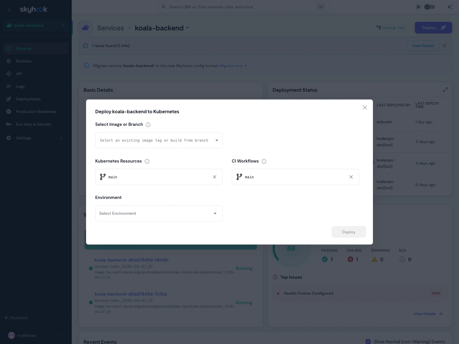 Deploy screen titled 'Deploy koala-backend to Kubernetes' with fields for Select Image or Branch, Kubernetes Resources, CI Workflows, and Environment, plus a Deploy button