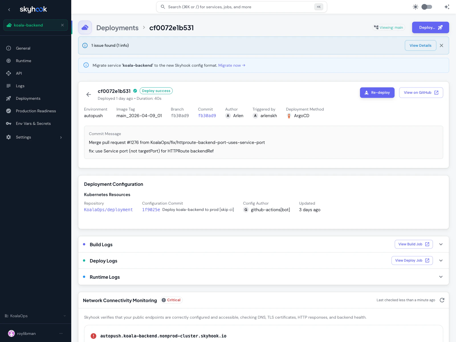 Deployment detail page showing status (Deploy success), duration, Re-deploy and View on GitHub buttons, and metadata including environment, image tag, branch, commit, author, triggered by, and deployment method (ArgoCD) with the commit message below