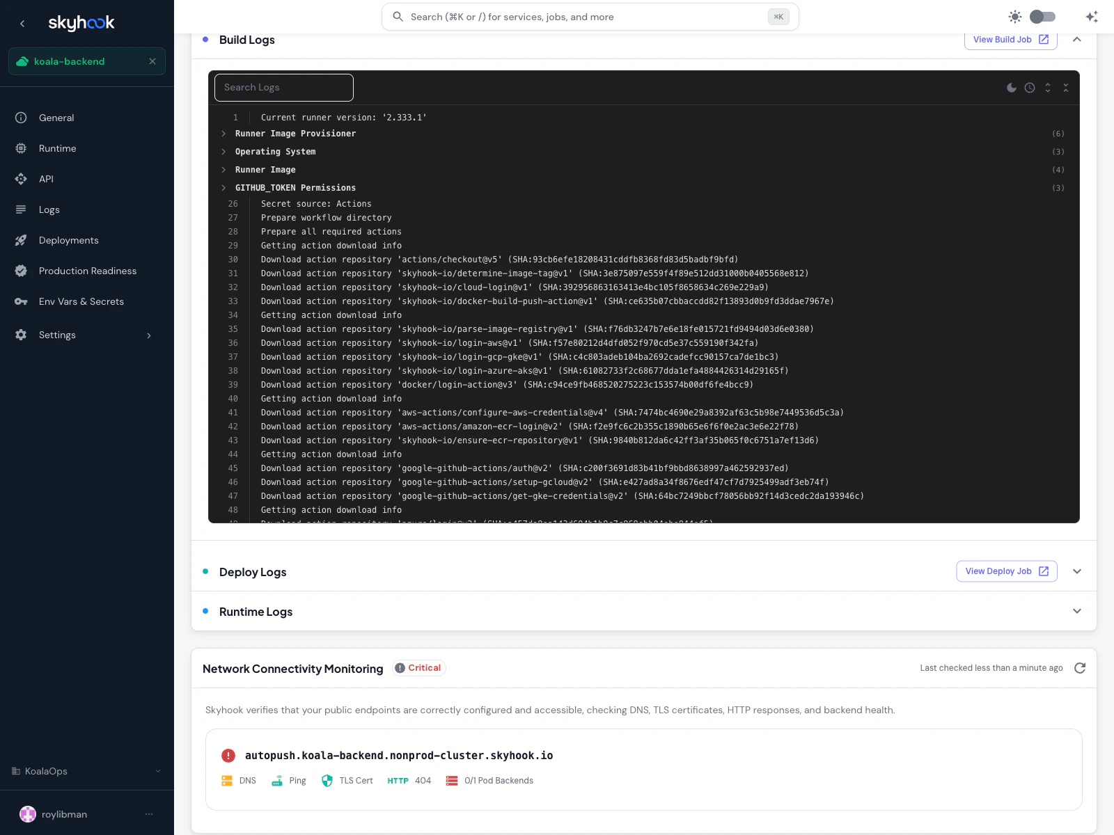 Expanded Build Logs showing a searchable log viewer with line numbers, collapsible group headers for Runner Image Provisioner, Operating System, Runner Image, and GITHUB_TOKEN Permissions, and syntax-highlighted log output