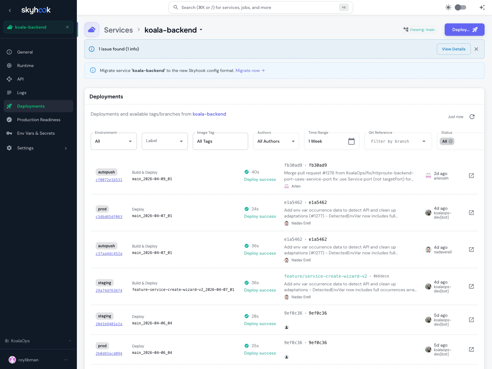 Deployments list for koala-backend showing the filter bar across the top and deployment rows with environment, type, image tag, duration, status, commit, author, and time columns