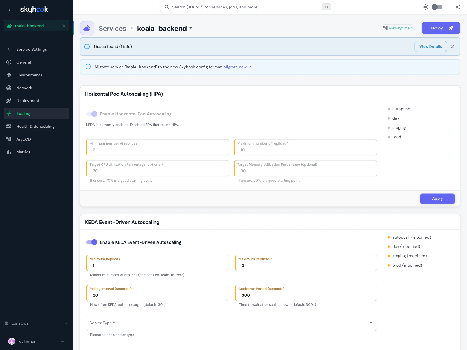 Scaling settings page showing three sections — Horizontal Pod Autoscaling, KEDA Event-Driven Autoscaling, and Vertical Pod Autoscaling — each with a per-environment chip row (autopush, dev, staging, prod) and an Apply button